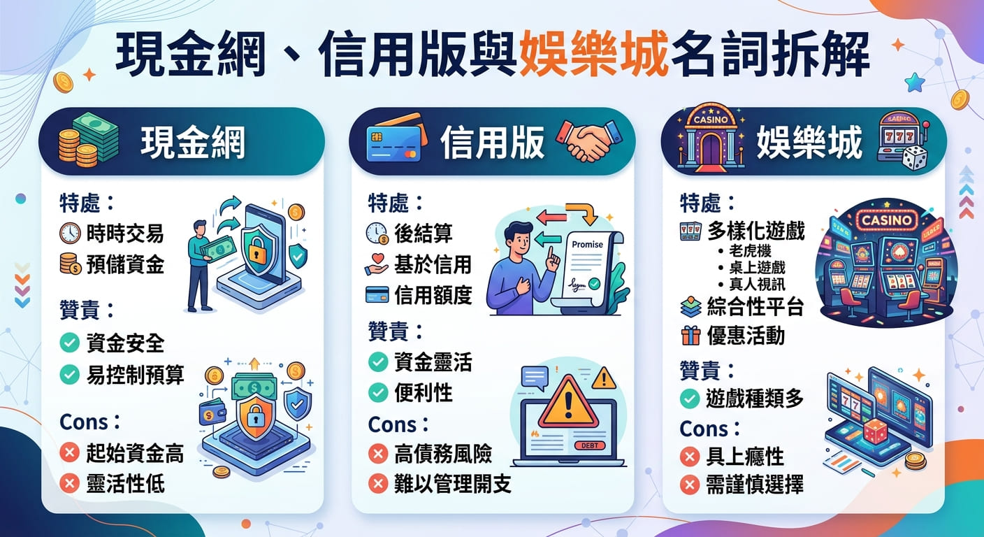 這張圖表是以藍、白為主調的資訊圖 (Infographic),上方標示著標題「現金網、信用版與娛樂城名詞拆解」。 畫面分為三欄,分別透過插圖與文字比對「現金網」、「信用版」與「娛樂城」三者的特點、優點與缺點。