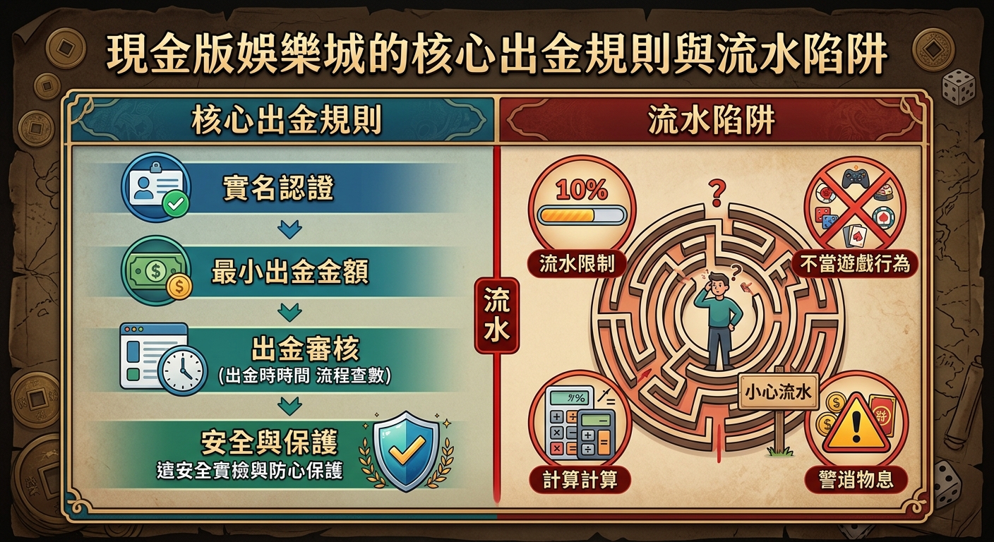 這張圖片分為左右兩區域,左側透過驗證標章與金幣等圖示展示實名認證、最小金額與審核等「核心出金規則」。 右側則以迷宮、計算機與警示符號構成視覺焦點,生動揭示提現過程中的「流水限制」與隱藏陷阱。