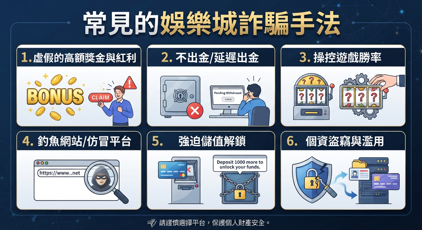 這張圖片的主題是「常見的娛樂城詐騙手法」,並列舉了六種常見的詐騙類型。 畫面透過圖解和文字清楚提醒使用者須謹慎選擇平台,保護個人財產安全。